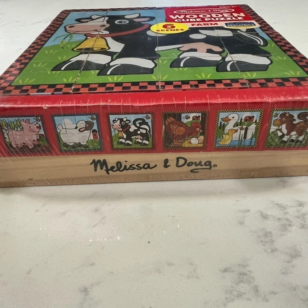 Melissa & Doug Farm Wooden Cube Puzzle - Black and White Cow